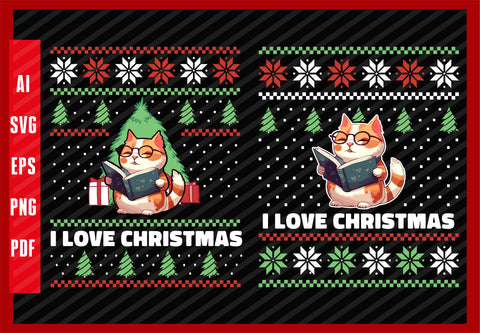 Life Is Better with Cats and Books Funny Reading, I Love Christmas T-Shirt Design Eps, Ai, Png, Svg and Pdf Printable Files