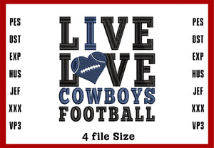 Live Cowboys Football Embroidery Design, Dallas Cowboys NFL football embroidery, Machine Embroidery Design, 4 File sizes- Instant Download & PDF File