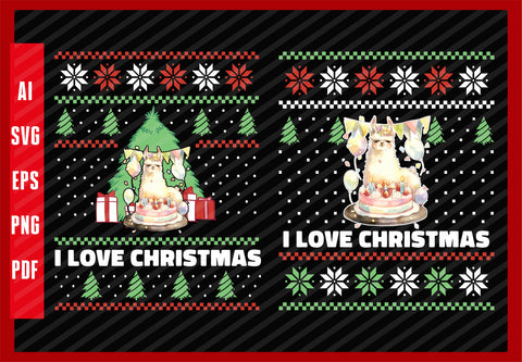 Llama Animals Birthday Party Funny Design, I Love Christmas T-Shirt Design Eps, Ai, Png, Svg and Pdf Printable Files