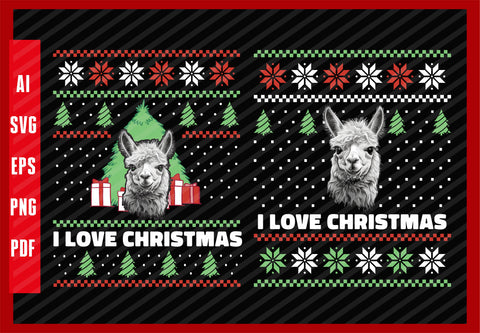 Llama Animals Lover Design, I Love Christmas T-Shirt Design Eps, Ai, Png, Svg and Pdf Printable Files