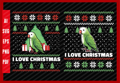 Monk Parakeet Quaker Parrot, I Love Christmas T-Shirt Design Eps, Ai, Png, Svg and Pdf Printable Files