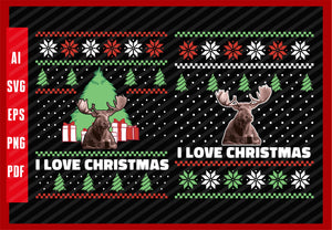 Moose Animal and Coffee Drinking Lover, I Love Christmas T-Shirt Design Eps, Ai, Png, Svg and Pdf Printable Files