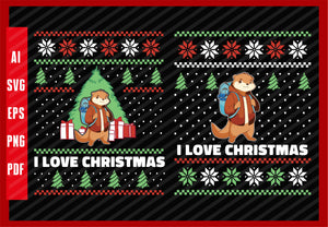 Otter Animal Student Back to School Design, I Love Christmas T-Shirt Design Eps, Ai, Png, Svg and Pdf Printable Files