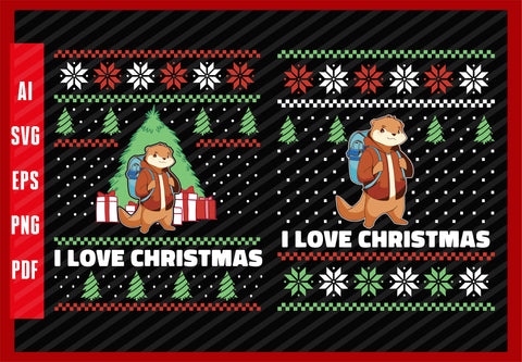 Otter Animal Student Back to School Design, I Love Christmas T-Shirt Design Eps, Ai, Png, Svg and Pdf Printable Files