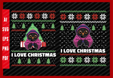 Owl Bird Animals Gamer Video Game Lover Funny Design, I Love Christmas T-Shirt Design Eps, Ai, Png, Svg and Pdf Printable Files