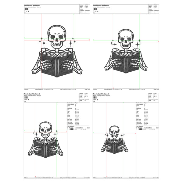 Skeleton Reading Machine Embroidery Digital, Machine Embroidery Design, 4 File sizes- Instant Download