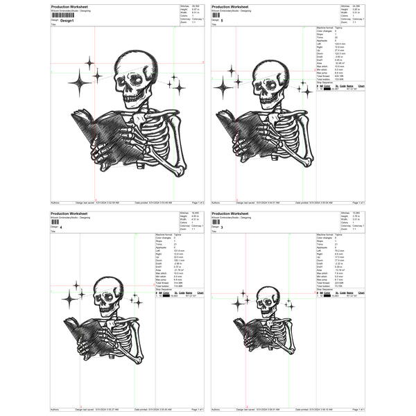 Skeleton Reading Machine Embroidery Digital, Machine Embroidery Design, 4 File sizes- Instant Download