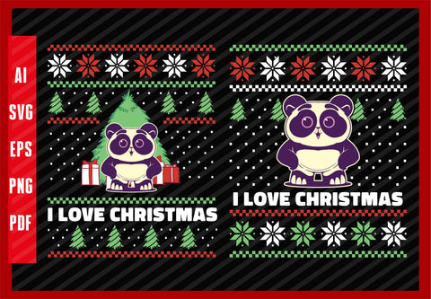 Panda Bear Adorable Animals Lover Funny Design, I Love Christmas T-Shirt Design Eps, Ai, Png, Svg and Pdf Printable Files