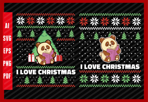 Panda Bear Reading Book Design - Book Reading Lover, I Love Christmas T-Shirt Design Eps, Ai, Png, Svg and Pdf Printable Files