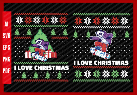 Panda Skateboarding Funny Design, Panda Lover, I Love Christmas T-Shirt Design Eps, Ai, Png, Svg and Pdf Printable Files