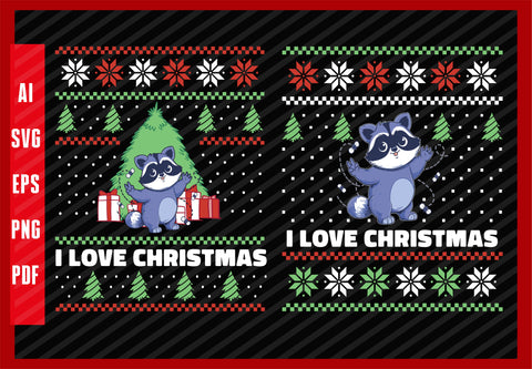 Raccoon and Fly Animals Lover Funny Design, I Love Christmas T-Shirt Design Eps, Ai, Png, Svg and Pdf Printable Files