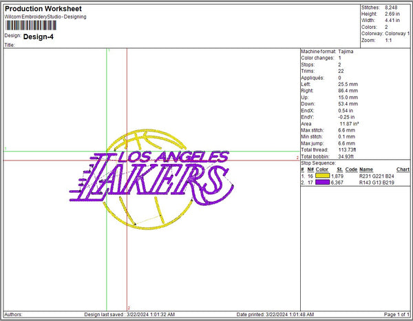 Los Angeles Lakers Logo Embroidery, NBA Basketball embroidery, Machine Embroidery Design, 4 File sizes- Instant Download & PDF File