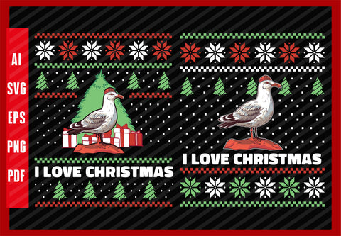 Sea Gull Birds Animals Lover Design, I Love Christmas T-Shirt Design Eps, Ai, Png, Svg and Pdf Printable Files