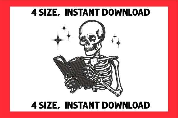 Skeleton Reading Machine Embroidery Digital, Machine Embroidery Design, 4 File sizes- Instant Download