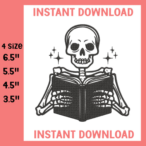 Skeleton Reading Machine Embroidery Digital, Machine Embroidery Design, 4 File sizes- Instant Download