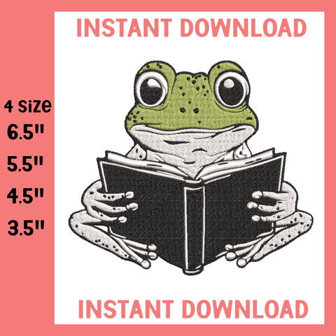 Frog Reading Machine Embroidery Digital, Machine Embroidery Design, 4 File sizes- Instant Download