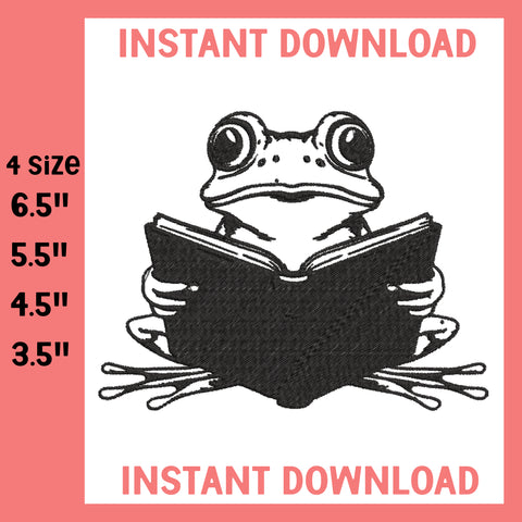 Frog Reading Machine Embroidery Digital, Machine Embroidery Design, 4 File sizes- Instant Download