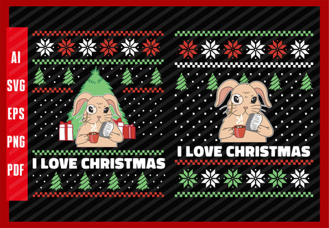 Smart Cute Rabbit Animal with Coffee Design, I Love Christmas T-Shirt Design Eps, Ai, Png, Svg and Pdf Printable Files