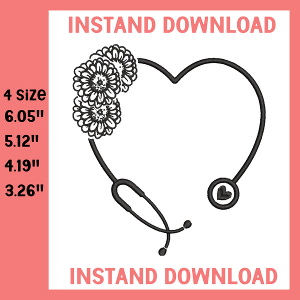 Stethoscope Flower Heart Machine Embroidery Design, Machine Embroidery Design, 4 File sizes- Instant Download