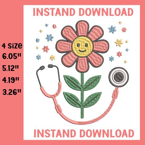 Stethoscope Flower Machine Embroidery Design, Machine Embroidery Design, 4 File sizes- Instant Download