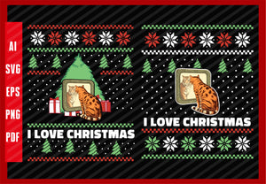 Tiger and Cat Looking in the Mirror Funny Cats Lover, I Love Christmas T-Shirt Design Eps, Ai, Png, Svg and Pdf Printable Files