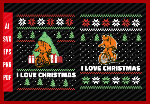 Turtle Animal Driving Bike Design Bicycle, I Love Christmas T-Shirt Design Eps, Ai, Png, Svg and Pdf Printable Files