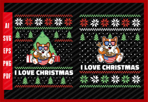 USA American Flag Cat Eating Ramen Food Lover Design, I Love Christmas T-Shirt Design Eps, Ai, Png, Svg and Pdf Printable Files