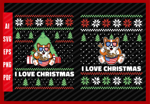 USA American Flag Cat Eating Ramen Food Lover Design, I Love Christmas T-Shirt Design Eps, Ai, Png, Svg and Pdf Printable Files