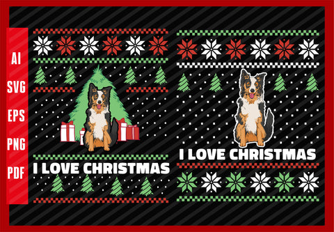 Vintasge Border Collie Animal Dog Design, I Love Christmas T-Shirt Design Eps, Ai, Png, Svg and Pdf Printable File