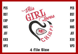 This Girl Loves Kansas City Chiefs, Kansas City Chiefs Embroidery, NFL football embroidery, Machine Embroidery Design, 4 File sizes- Instant Download & PDF File