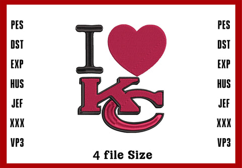 I Love Kansas City Chiefs Logo, Kansas City Chiefs Embroidery, NFL football embroidery, Machine Embroidery Design, 4 File sizes- Instant Download & PDF File