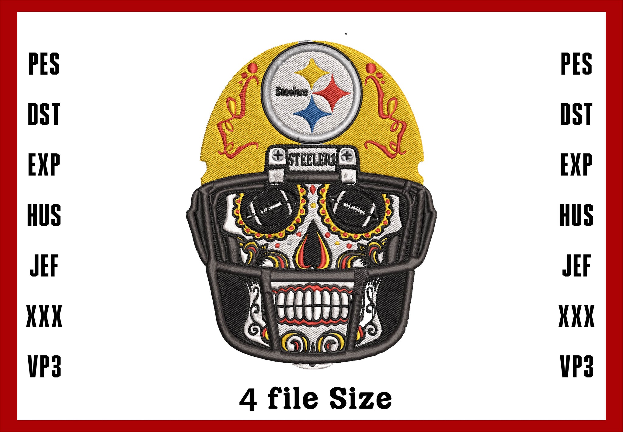 Pittsburgh Steelers Skull Embroidery, NFL football embroidery, Machine Embroidery Design, 4 File sizes- Instant Download & PDF File