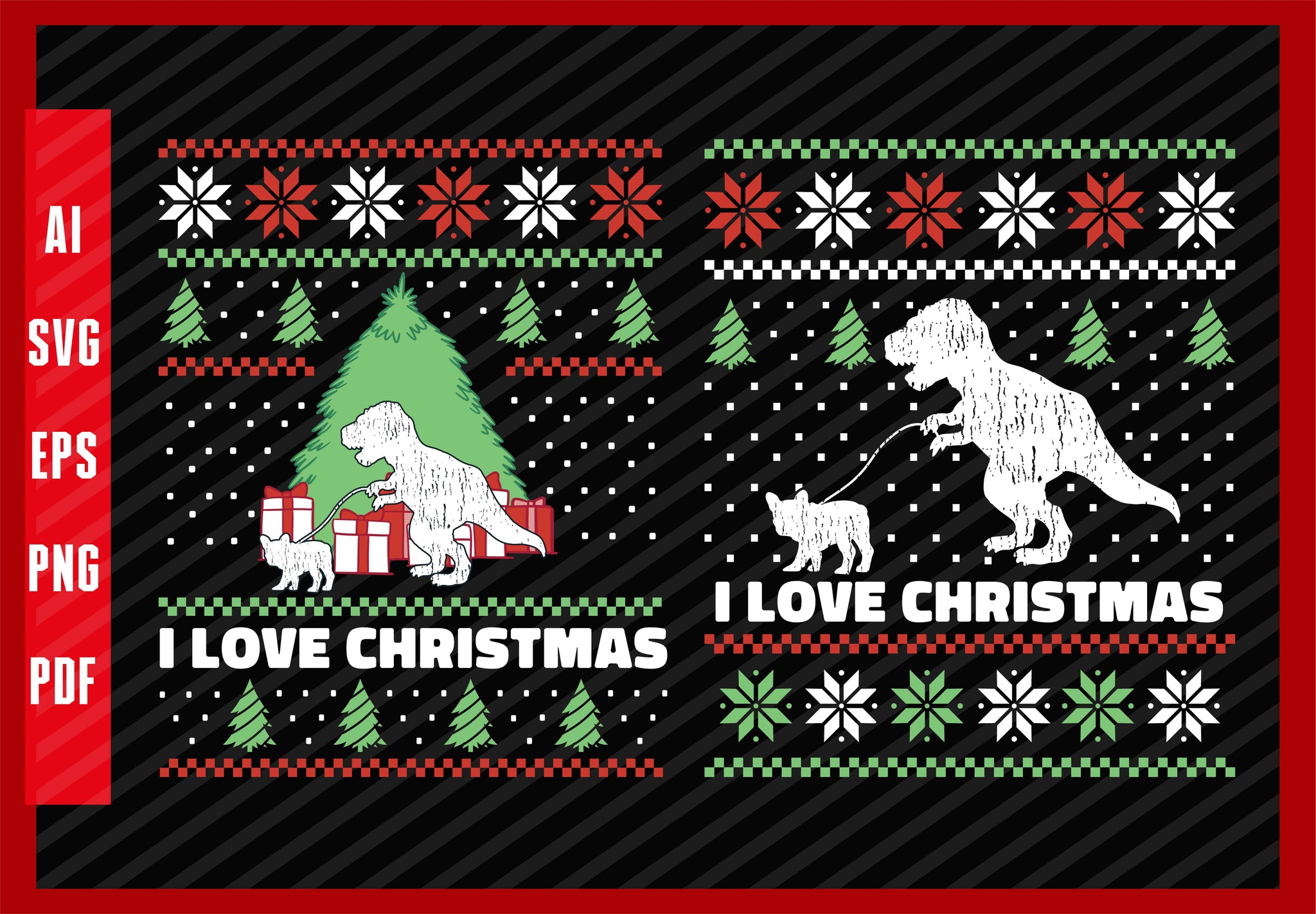 T-Rex-Dinosaur-Walking-A-Dog-T-Shirt-Design, I Love Christmas T-Shirt Design Eps, Ai, Png, Svg and Pdf Printable Files