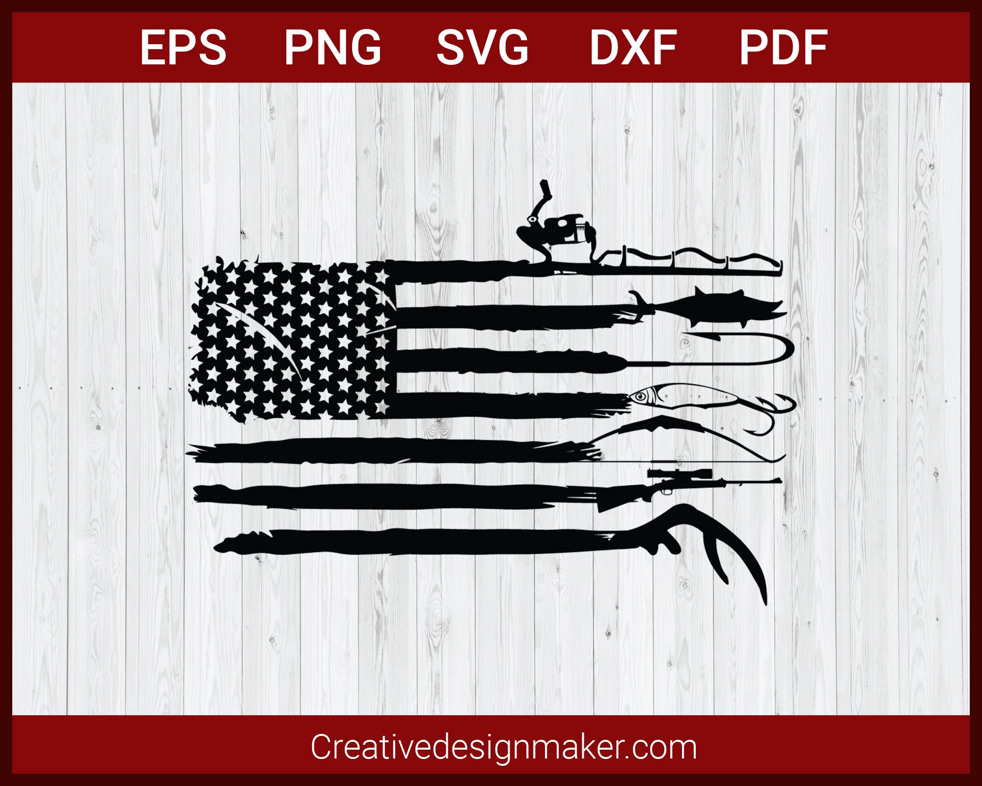 Hunting and Fishing American Flag SVG Cut File For Cricut Silhouette eps png dxf Printable Files