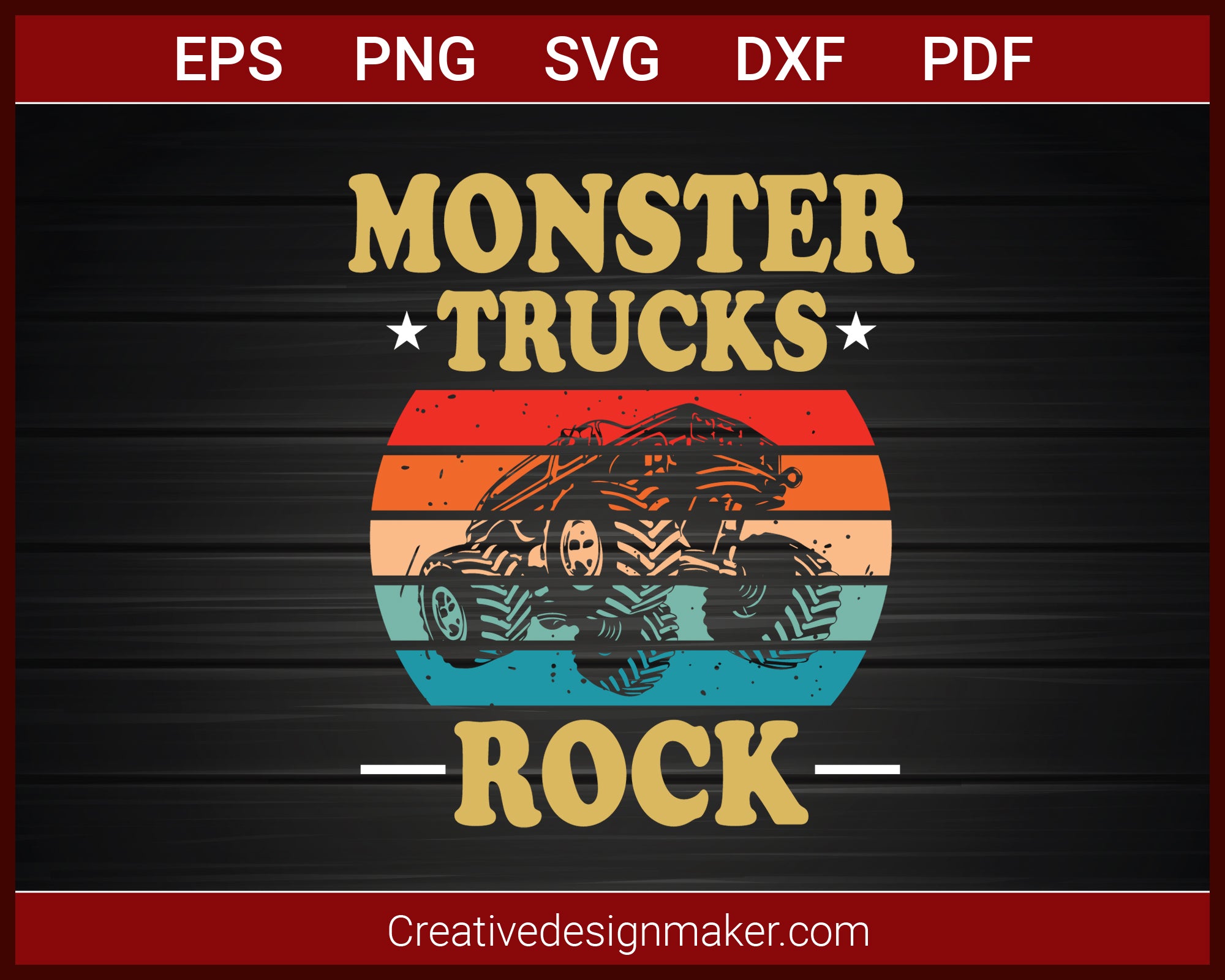 Monster Truck Rock Retro Vintage Monster Truck T-shirt SVG PNG DXF EPS PDF Cricut Cameo File Silhouette Art, Designs For Shirts