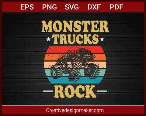 Monster Truck Rock Retro Vintage Monster Truck T-shirt SVG PNG DXF EPS PDF Cricut Cameo File Silhouette Art, Designs For Shirts