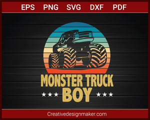 Monster Truck Boy Bigfoot Vintage Monster Truck T-shirt SVG PNG DXF EPS PDF Cricut Cameo File Silhouette Art, Designs For Shirts
