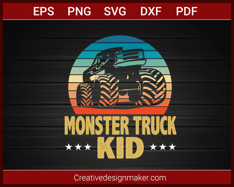 Monster Truck Kid Bigfoot Vintage Monster Truck T-shirt SVG PNG DXF EPS PDF Cricut Cameo File Silhouette Art, Designs For Shirts