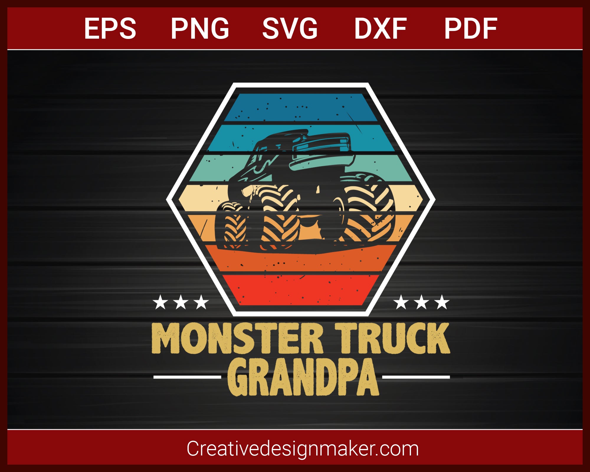 Monster Truck Grandpa Retro Vintage Monster Truck T-shirt SVG PNG DXF EPS PDF Cricut Cameo File Silhouette Art, Designs For Shirts
