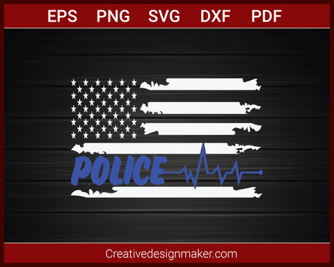 Thin Blue Line Badge Heart Beat USA Flag Police SVG Cricut Silhouette DXF PNG EPS Cut File