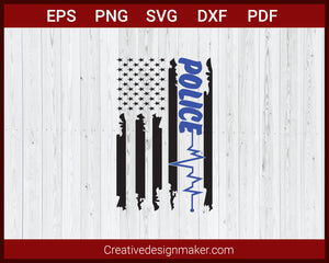 Thin Blue Line Heartbeat American Flag Police SVG Cricut Silhouette DXF PNG EPS Cut File