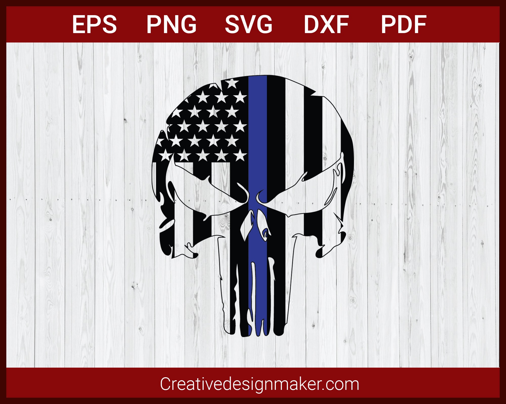 The Punisher Thin Blue Line on American flag SVG Cricut Silhouette DXF PNG EPS Cut File