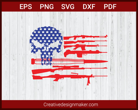 American Flag Punisher Skulls with Guns Stripes SVG Cricut Silhouette DXF PNG EPS Cut File