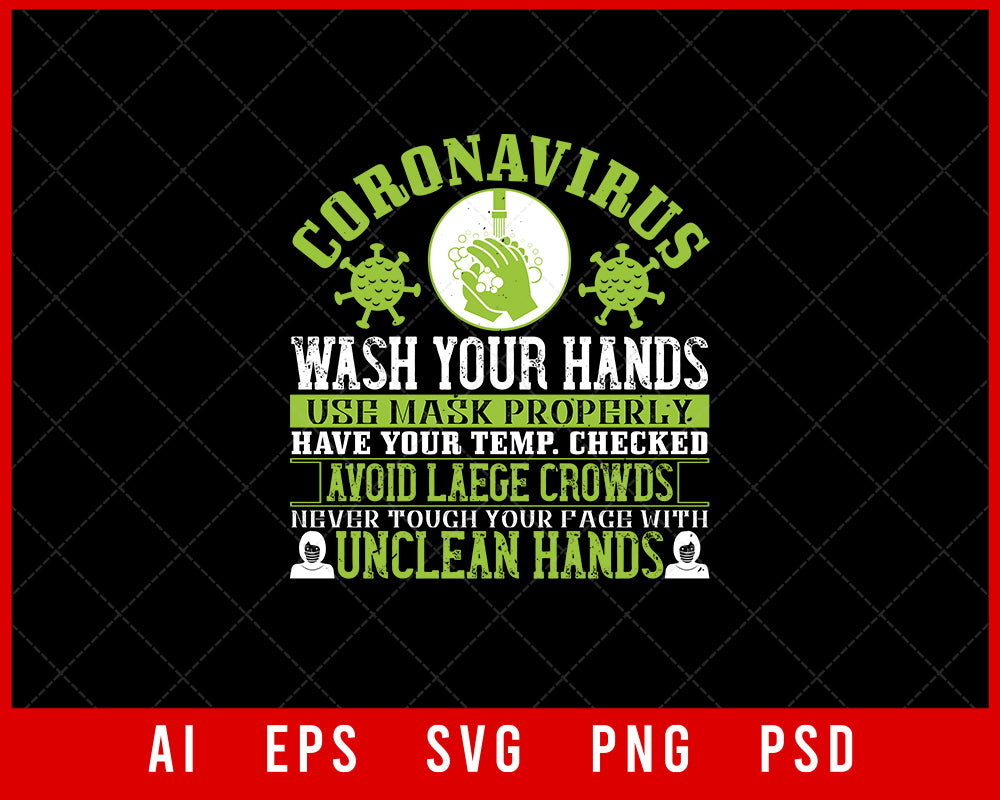 Coronavirus Wash Your Hands Use Mask Properly Editable T-shirt Design Digital Download File