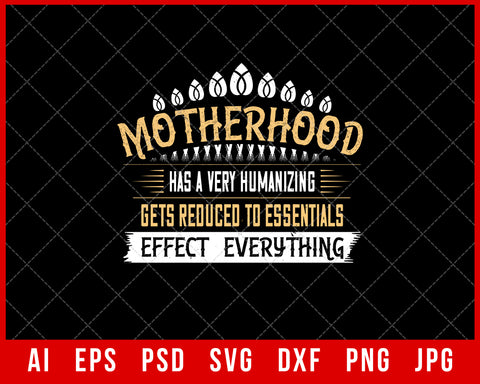 Motherhood Has a Very Humanizing Effect Everything Gets Reduced Mother’s Day Gift Editable T-shirt Design Ideas Digital Download File