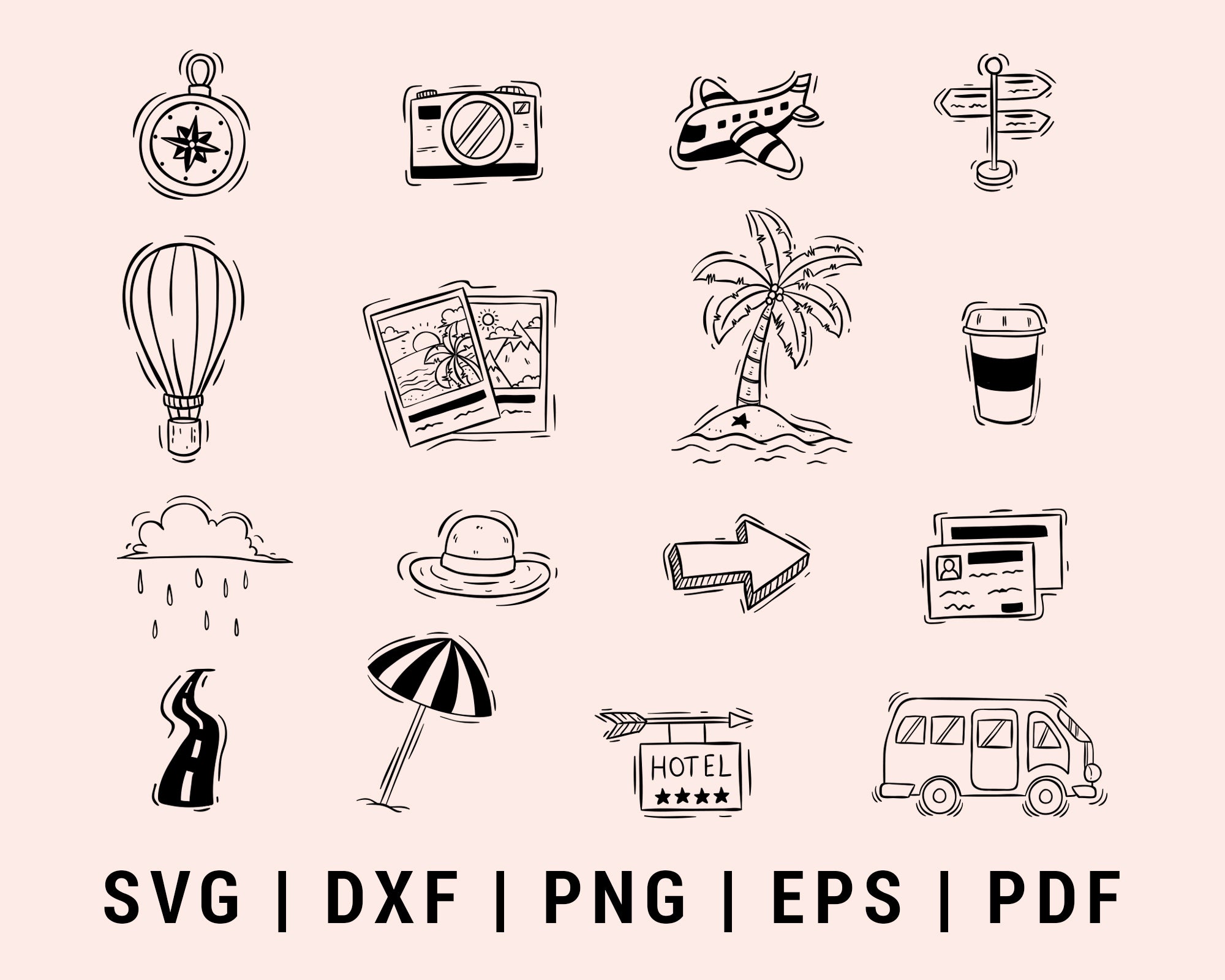 Doodle Style Of Cute Travel Icons Or Elements Cut File For Cricut Bundle SVG, DXF, PNG, EPS, PDF Silhouette Printable Files