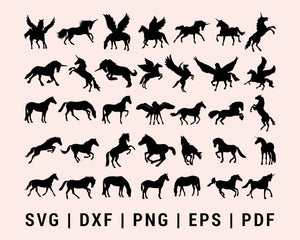 Wings race horse pegasus unicorn run prancing collection Cut File For Cricut Bundle SVG, DXF, PNG, EPS, PDF Silhouette Printable Files