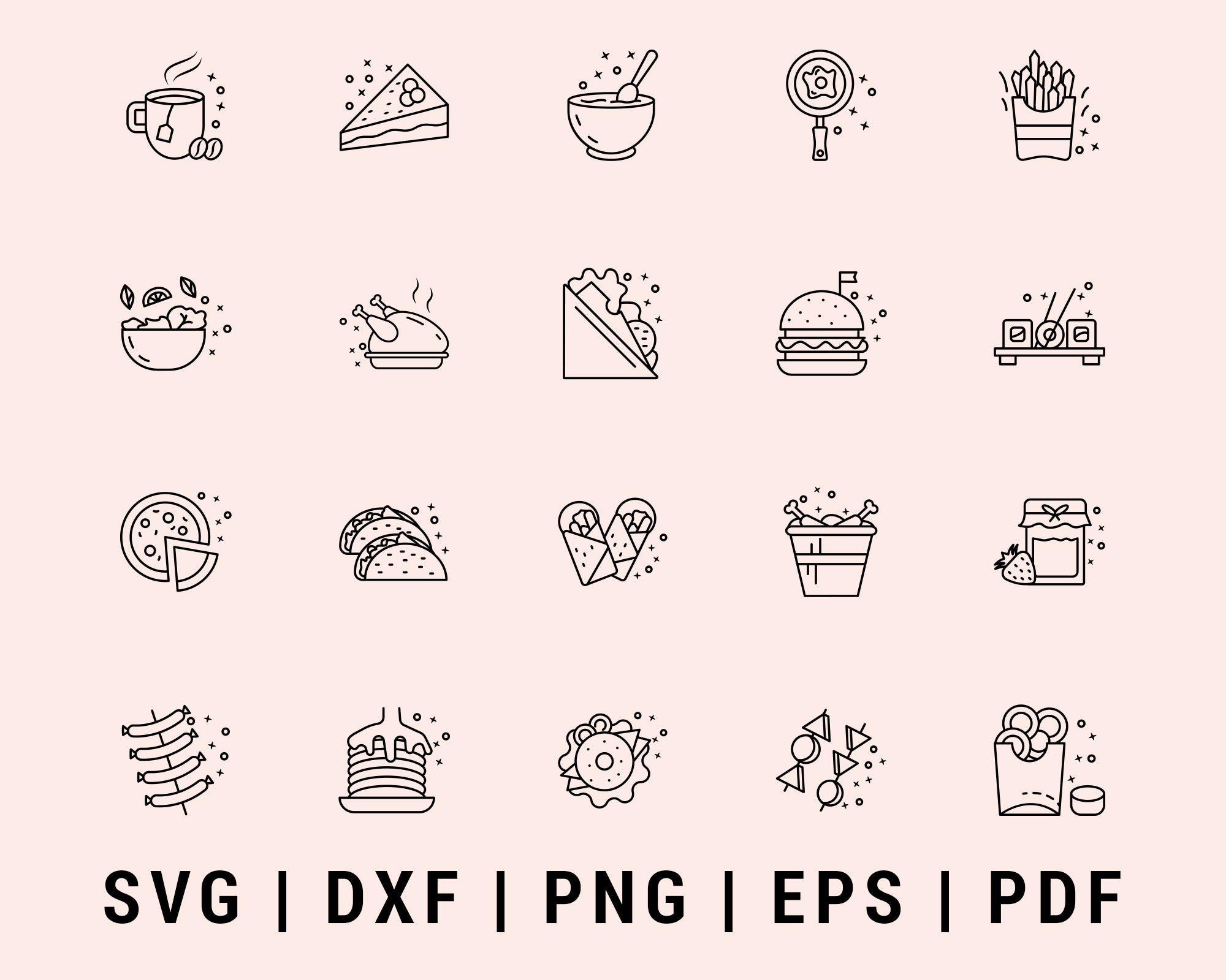 Various fast food and drink icon lined Cut File For Cricut Bundle SVG, DXF, PNG, EPS, PDF Silhouette Printable Files