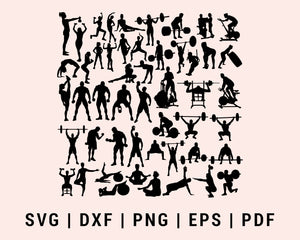 Fitness Bodybuilder Gym Workout Bodybuilding Muscles Barbell Bundle Dumbbells SVG, DXF, PNG, EPS, PDF Cricut Silhouette Printable Files