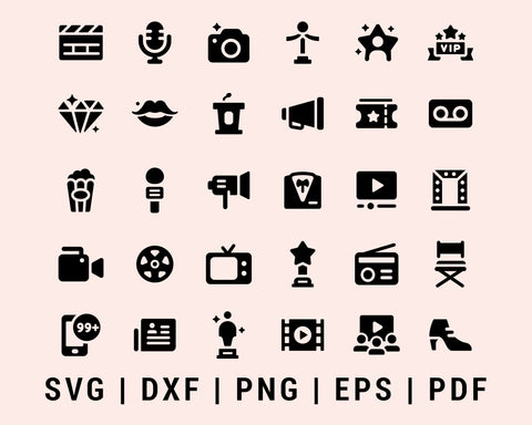 Cinema And Celebrity Icon Set Bundle SVG, DXF, PNG, EPS, PDF Printable Files
